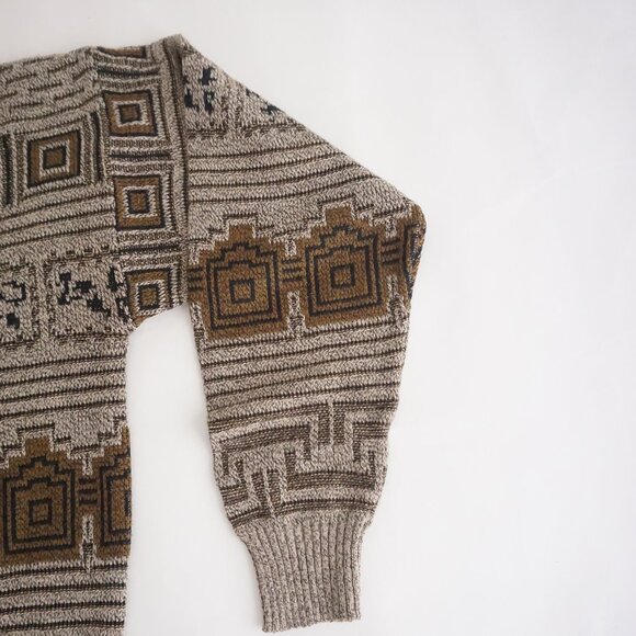 Vintage Hawk Creek Sweater Tan Brown Black Abstract Geometric 90s Coogi Style XL - Picture 4 of 9